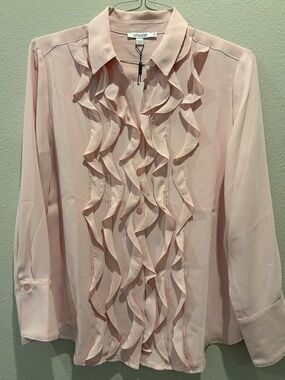 Chico's Soft Blush Pink Ruffle Front Button Blouse NWT 1 M